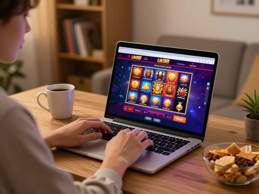 Engaging in online gaming at uk88 with a lively casino interface and cozy home setting.