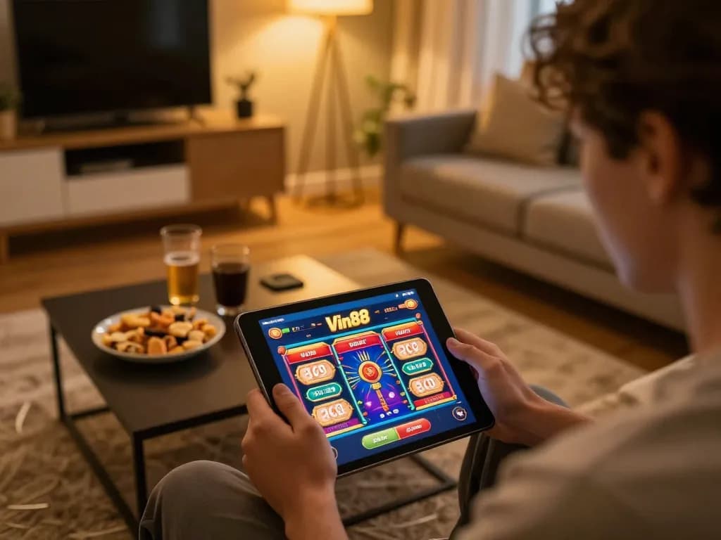 Engaging gameplay on Vin88 tablet in a cozy living room setting with warm lighting.