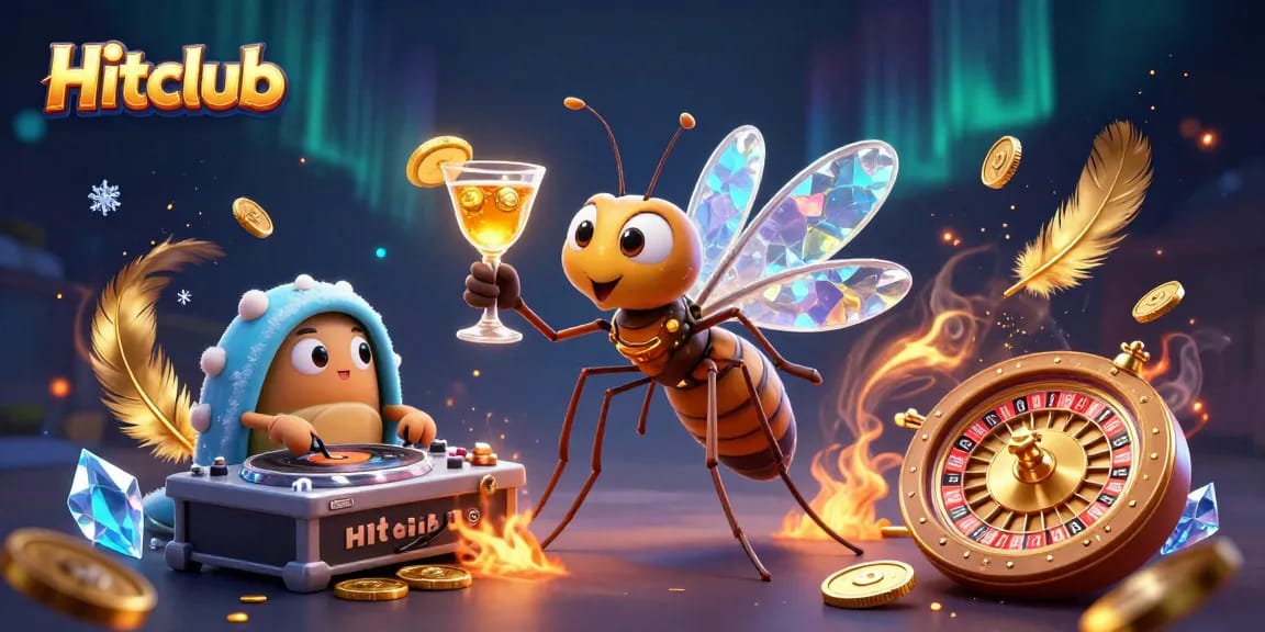 Hitclub casino mascot spins excitement while showcasing a golden roulette wheel and vibrant gaming elements.