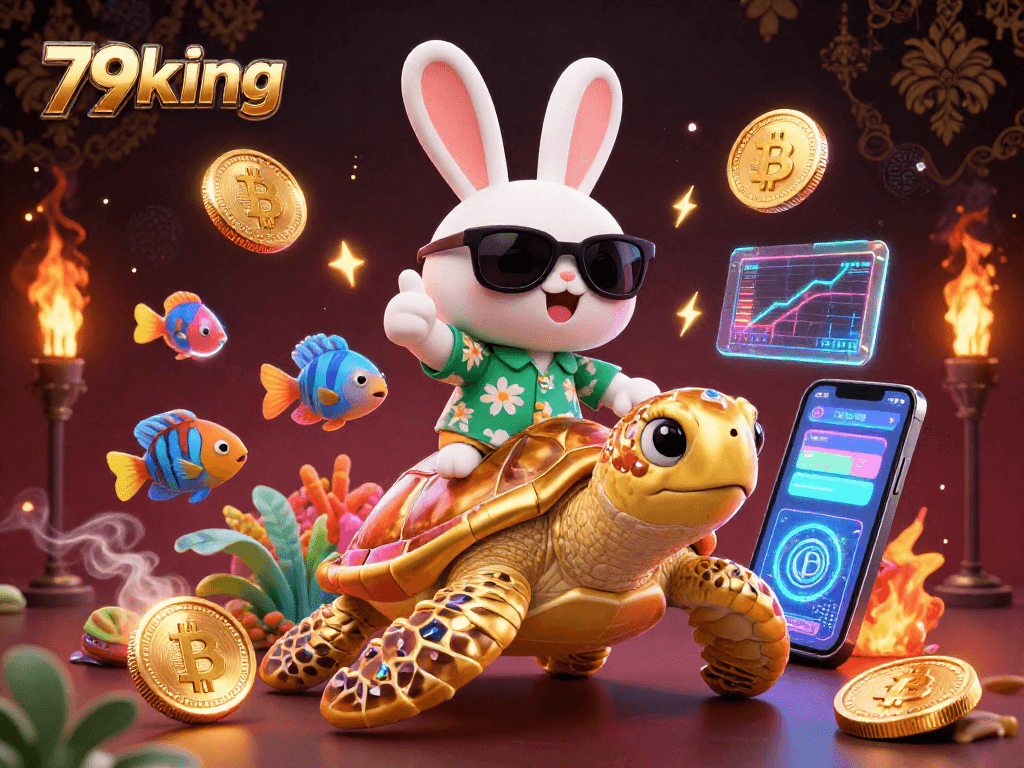 79king showcases a lucky rabbit and golden turtle in a vibrant casino scene filled with crypto elements.