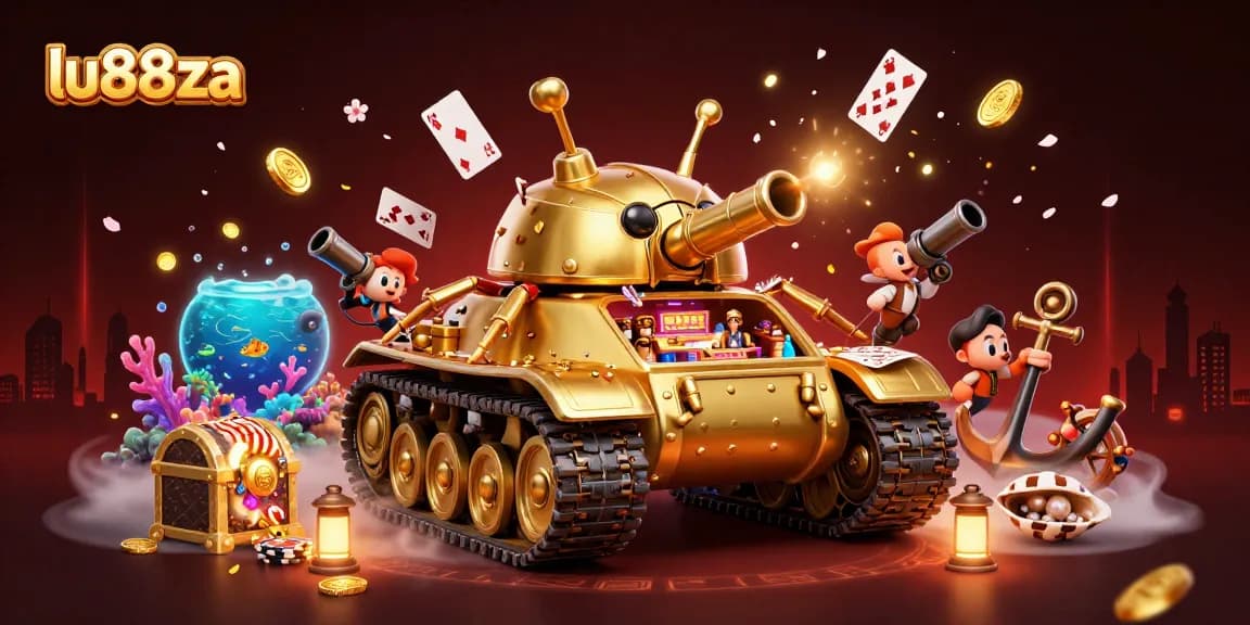 Experience excitement at lu88za's miniature casino inside a golden beetle tank bursting with gold coins and gems.