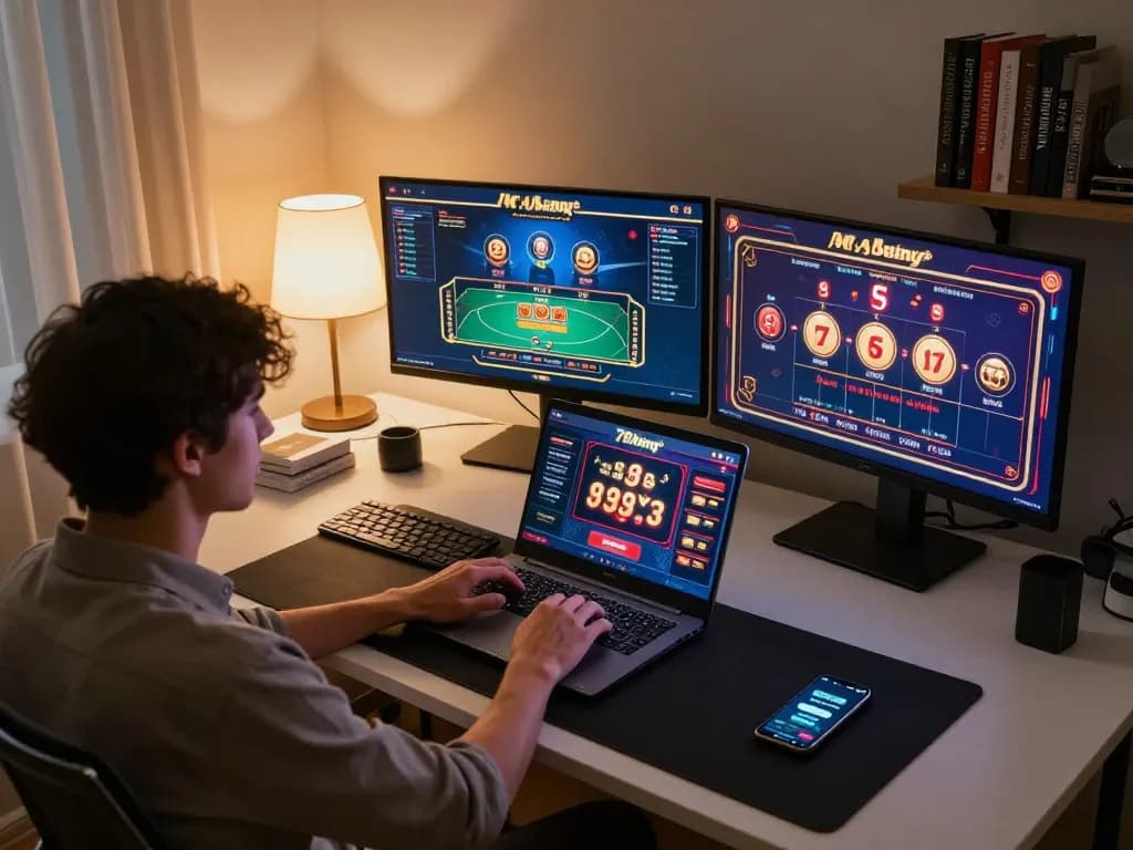 Player engaging in online casino games at 79king on a modern workstation, showcasing immersive betting experience