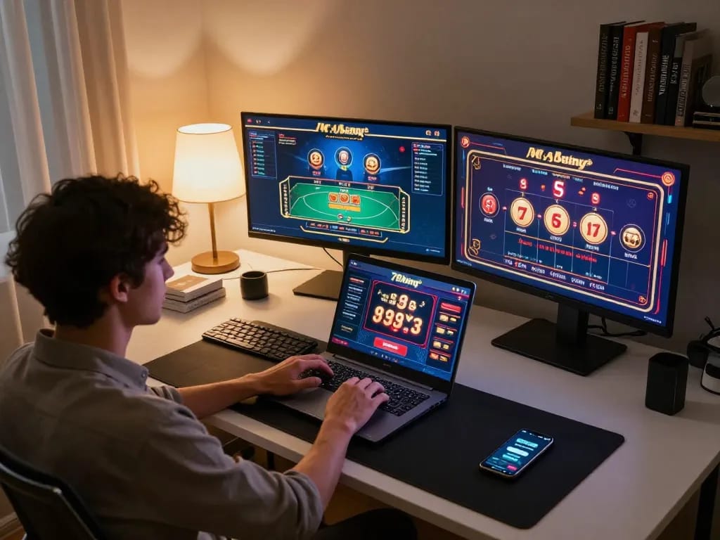 Player engaging in online casino games at 79king on a modern workstation, showcasing immersive betting experience