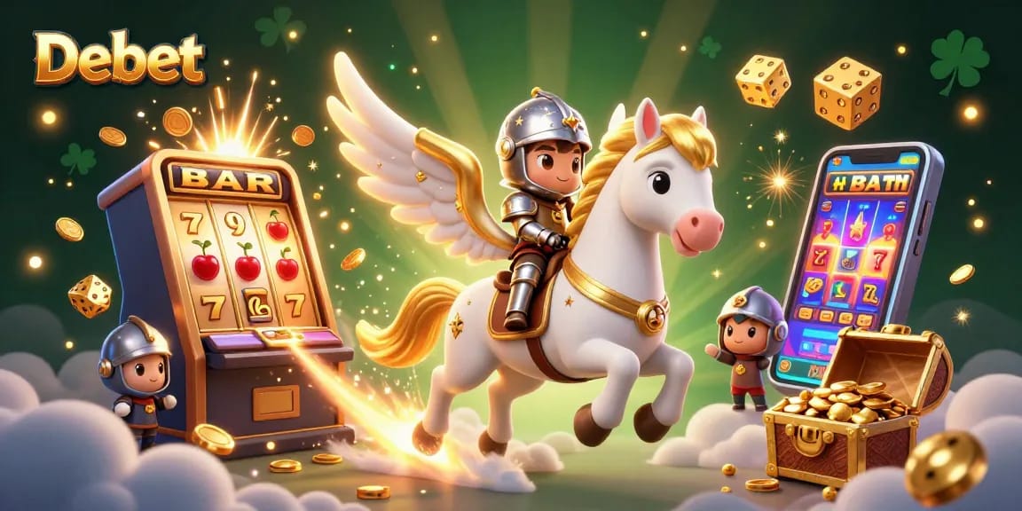 Debet transforms gaming with a vibrant 3D illustration showcasing slot machines, a celestial horse, and dynamic casino elements.
