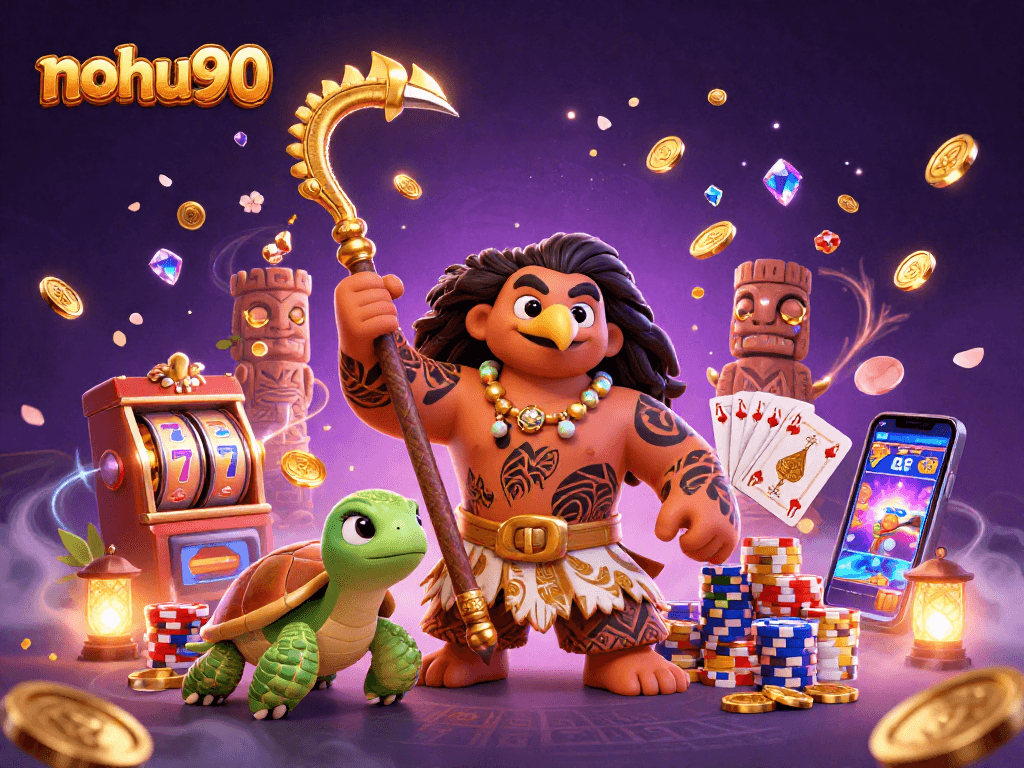 Nohu90 showcases vibrant gaming energy with a Polynesian demigod and dynamic casino elements.