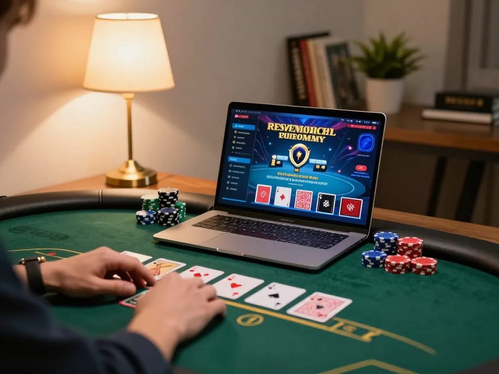 Experience Uk 88 online poker gameplay with vibrant table action displayed on a laptop