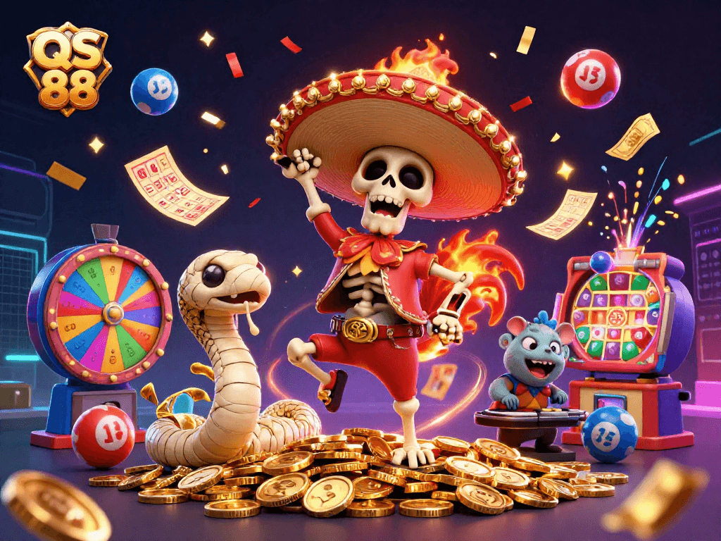 Experience the excitement of QS 88 with vibrant artwork featuring a triumphant mariachi rooster amidst lottery madness.