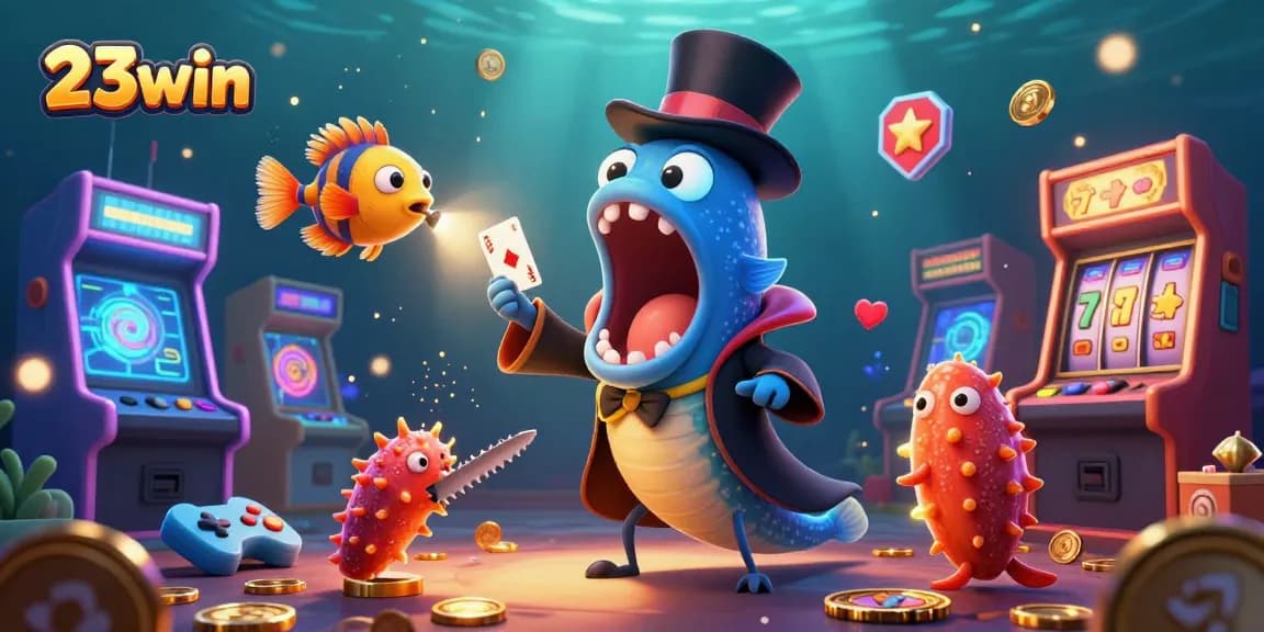 Catch thrilling card tricks by 23win's deep-sea magician eel in a vibrant casino scene.