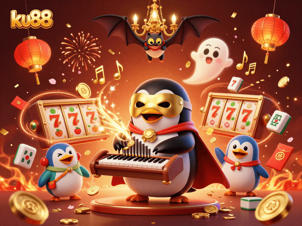 Experience exciting gameplay with ku88's vibrant 3D casino scene featuring a unique penguin organist.