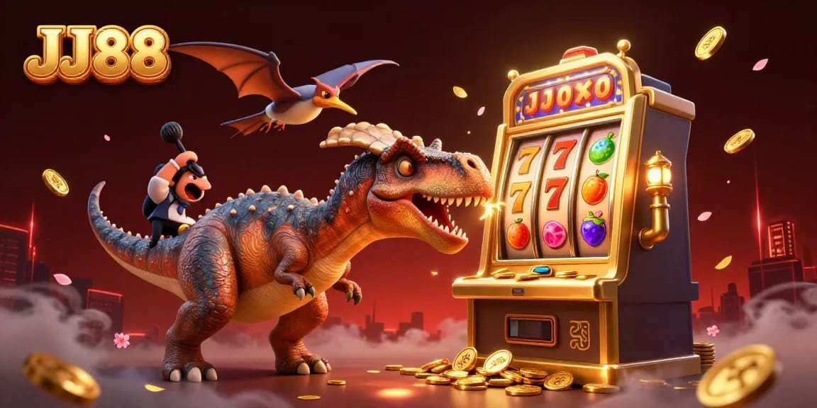 JJ88 jackpot excitement with dinosaurs and vibrant casino elements.