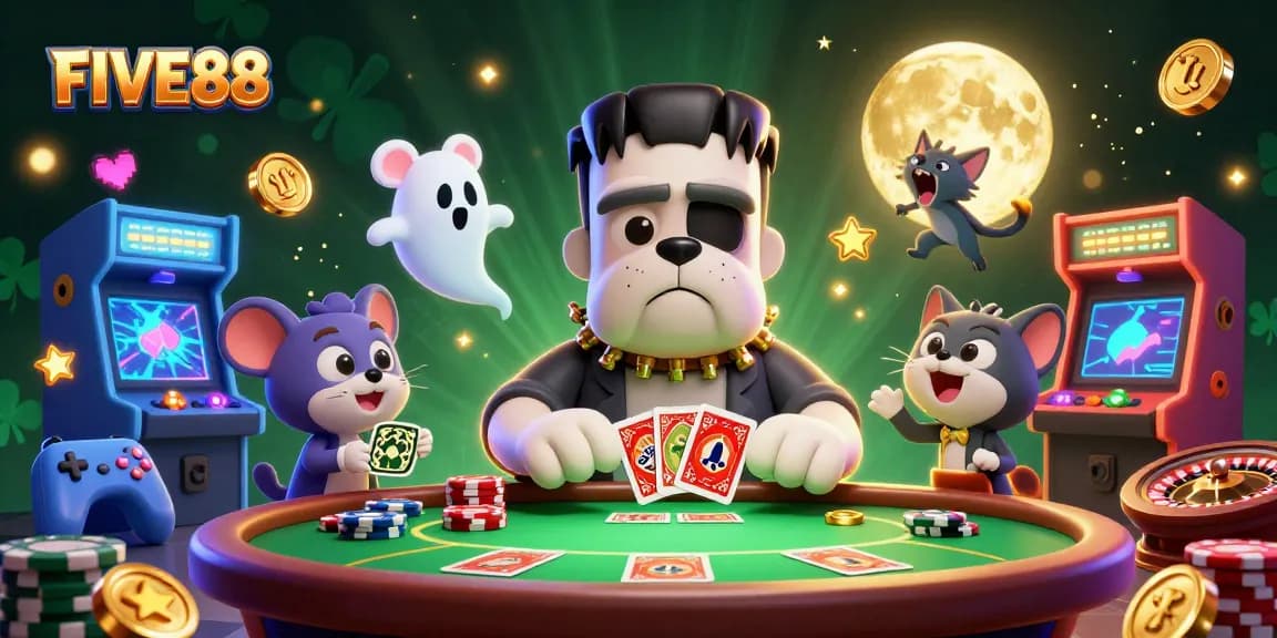 Engage in thrilling games at FIVE88 with a cartoon monster dealer surrounded by vibrant casino elements.
