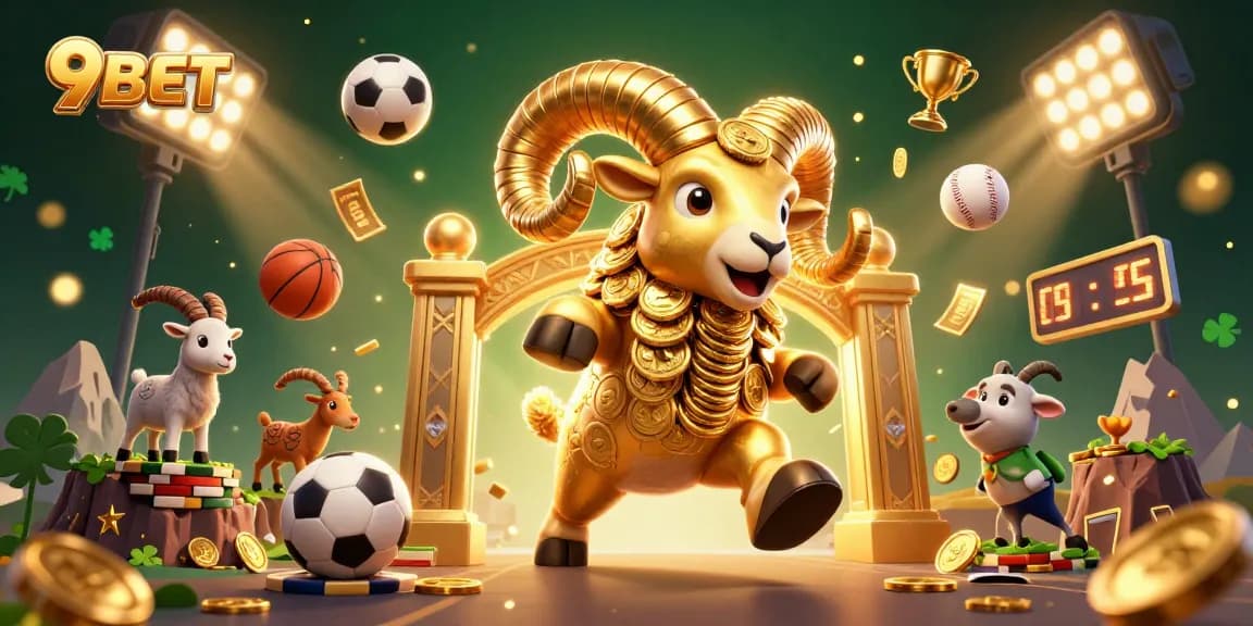 Engage with 9BET's vibrant casino illustration featuring dynamic sports elements and a golden ram.