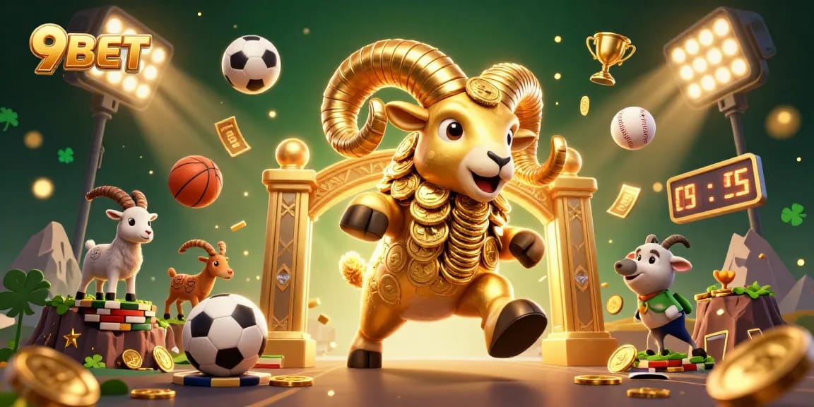 Engage with 9BET's vibrant casino illustration featuring dynamic sports elements and a golden ram.