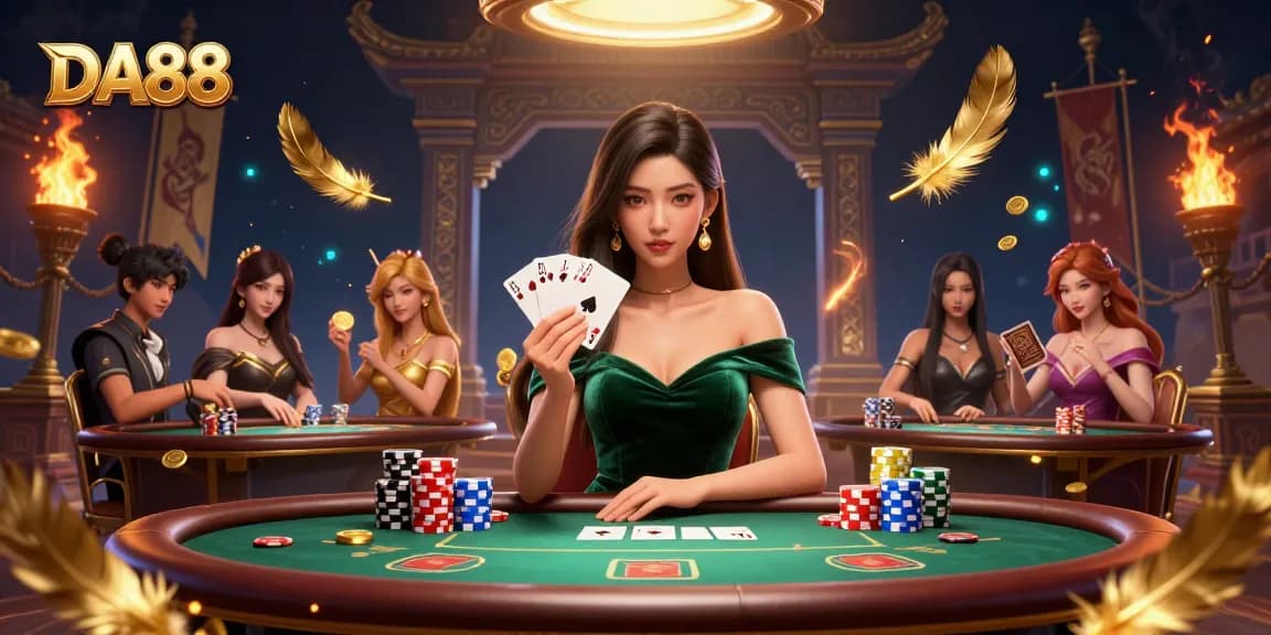 Play cards strategically at DA88 poker table with a beautiful Asian woman in a vibrant setting.