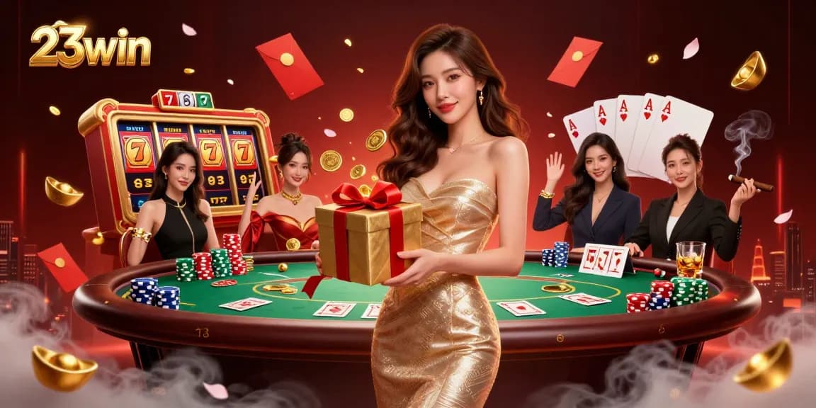 Experience thrilling wins at 23win with an exciting casino themed illustration featuring jackpot celebrations.