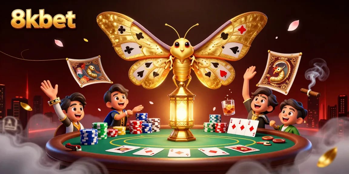 Join the thrilling world of 8kbet with vibrant casino elements and a majestic moth.