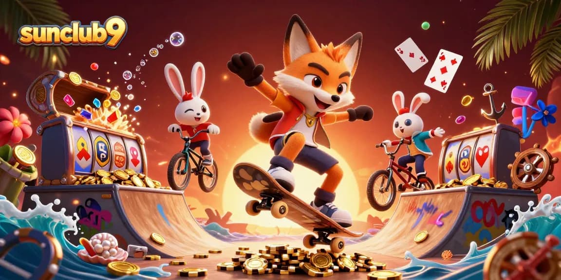 Experience thrilling wins at sunclub9 with vibrant slot reels and energized characters in a dynamic casino scene.
