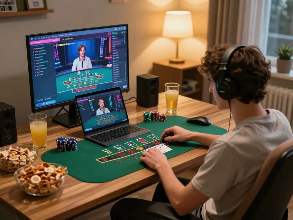 Player engaging in a live dealer game on 789 win platform in a cozy home setting