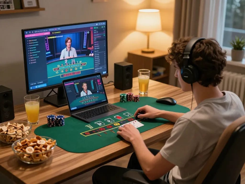 Player engaging in a live dealer game on 789 win platform in a cozy home setting