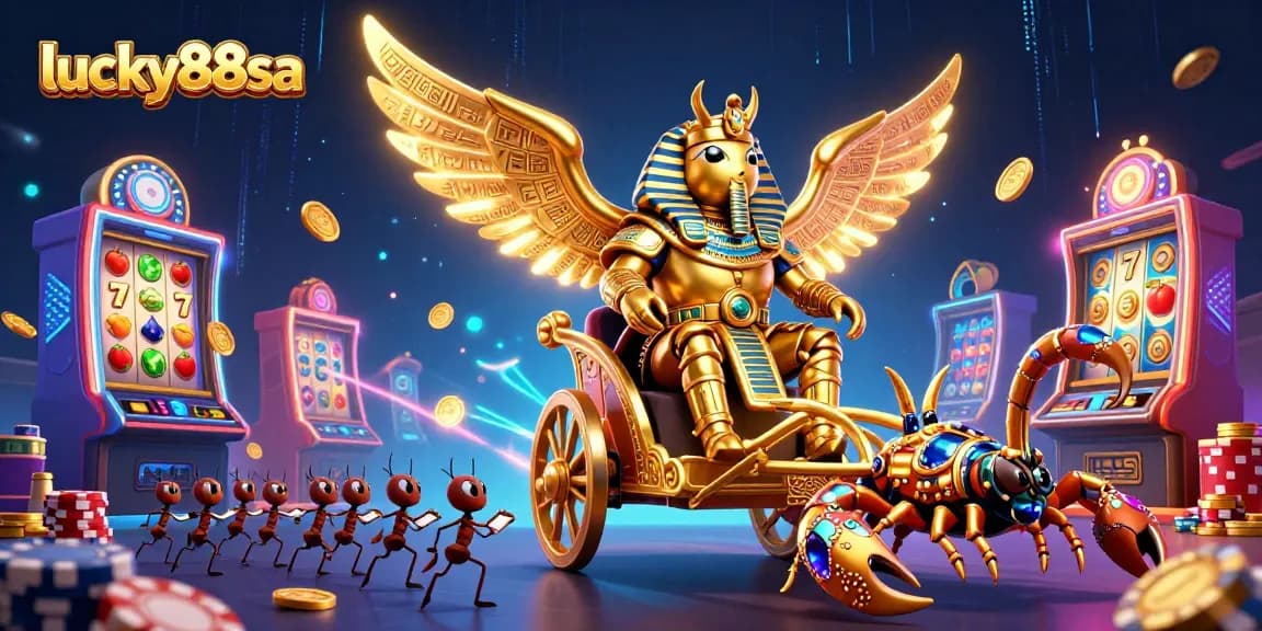 Spin to win with lucky88sa in a vibrant 3D casino scene featuring a colossal golden scarab beetle.