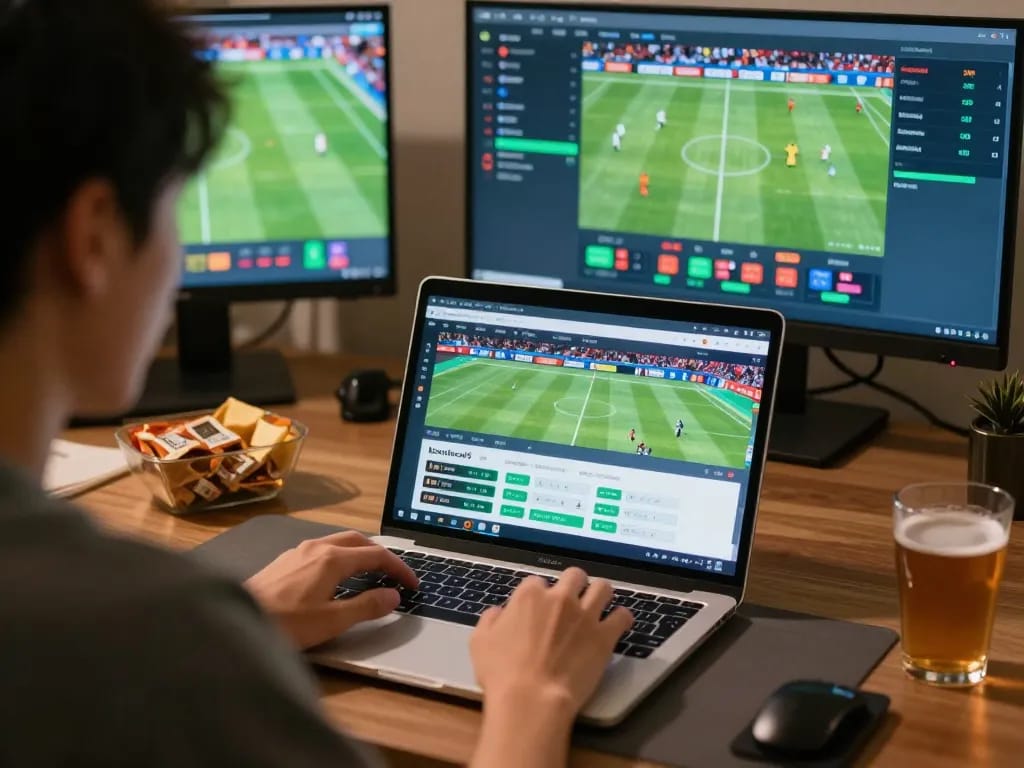 The user engages in sports betting with keonhacai5 interface on laptop, surrounded by personal touches.