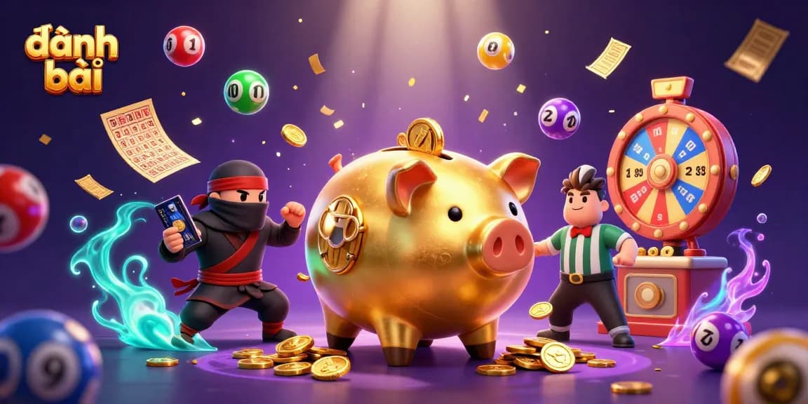 Experience the fun of đánh bài with a colorful casino battle featuring dynamic gold coins and playful characters.