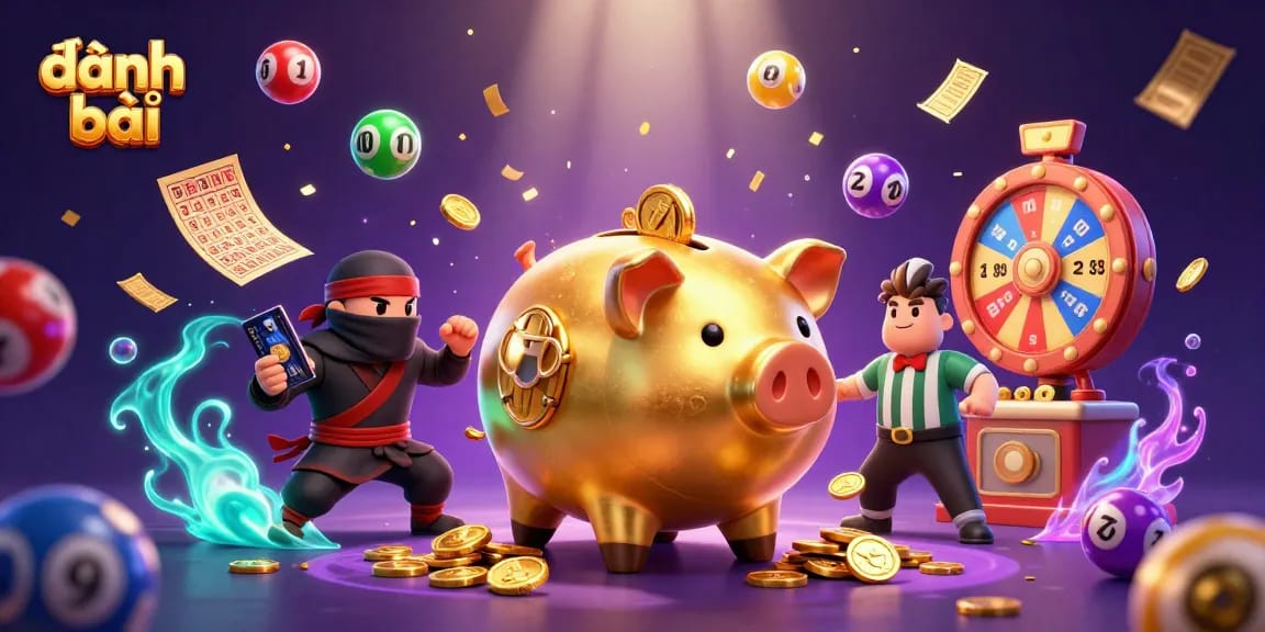 Experience the fun of đánh bài with a colorful casino battle featuring dynamic gold coins and playful characters.