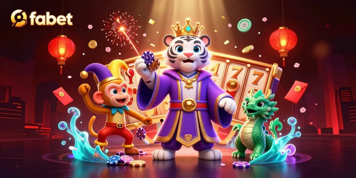 Spin slots with fabet's dynamic characters, including a royal tiger, jester monkey, and jade dragon.