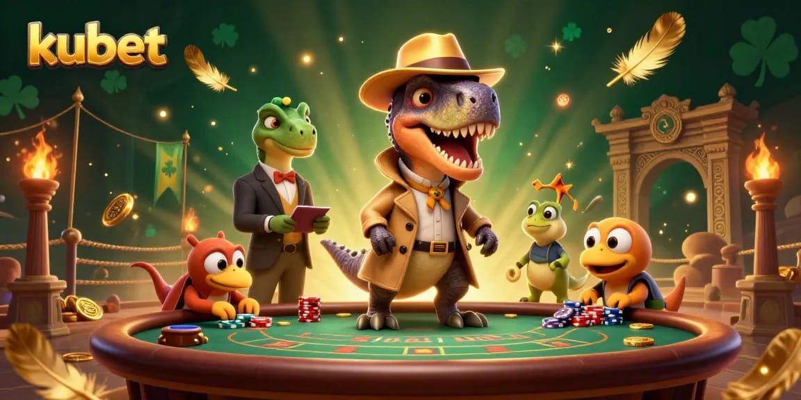 Kubet-themed 3D cartoon illustration of a velociraptor card counter at a blackjack table, captured in action.
