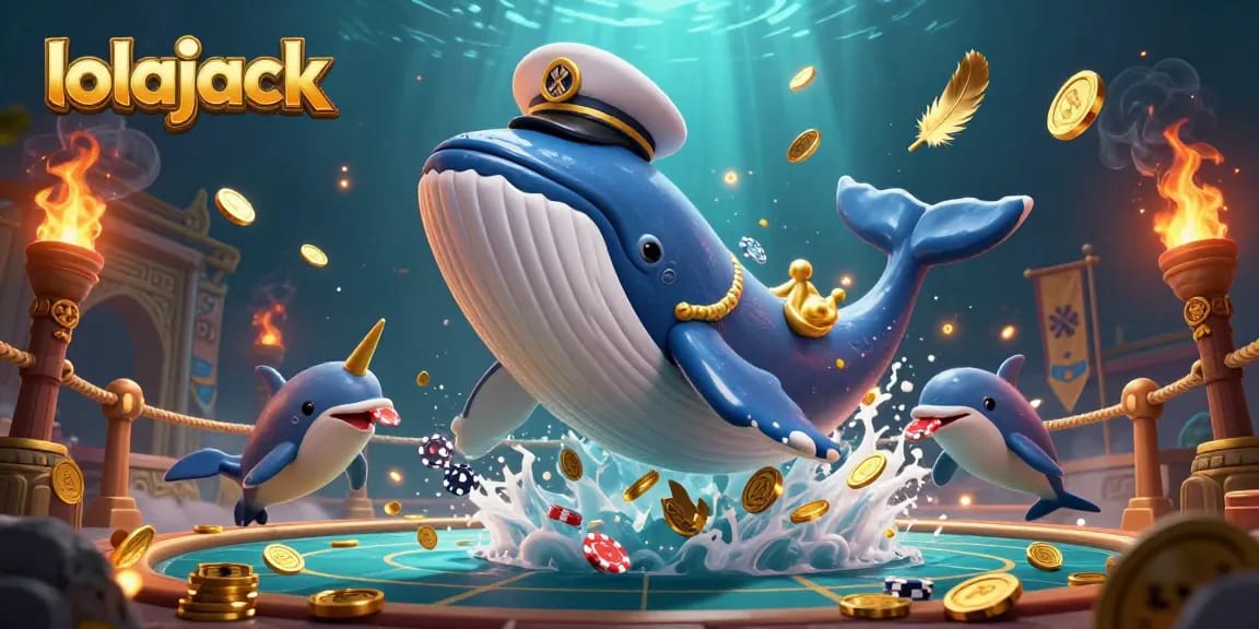 Experience thrill and excitement at lolajack casino with a vibrant underwater scene filled with playful whales and poker chips.