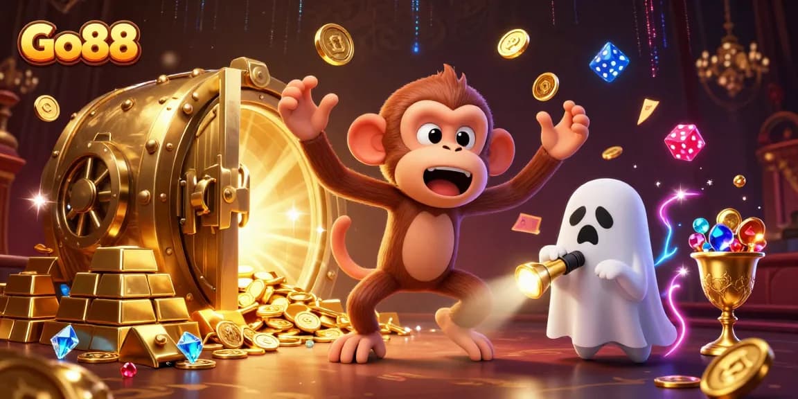 Experience the lively Go88 casino atmosphere with a mischievous monkey and curious puppy in a dynamic 3D scene.