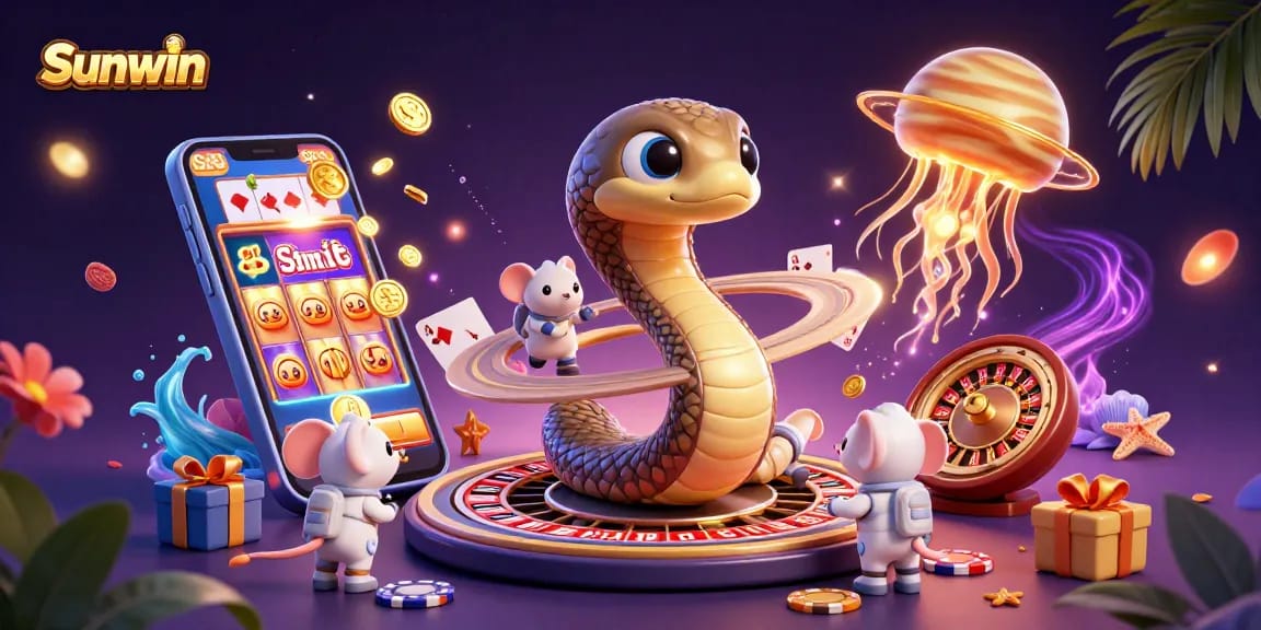 Sunwin casino players engaging with a dynamic 3D scene of slot games, roulette, and festive gaming elements.