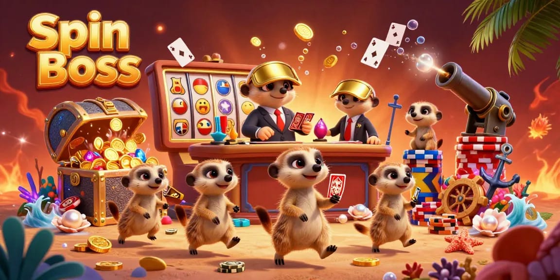 Engage at Spin Boss with meerkats managing a vibrant casino filled with gems, cards, and excitement.