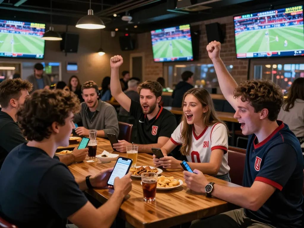 rik88 sports fans engaged in mobile betting at energetic bar during live events