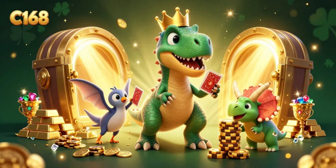 C168 players enjoying a dynamic casino game environment with friendly dinosaurs and treasure.