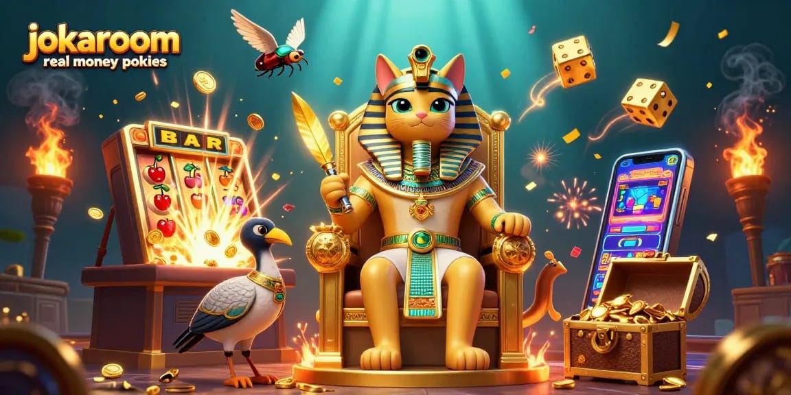 Win big playing jokaroom real money pokies with a vibrant 3D character scene showcasing exciting casino elements.