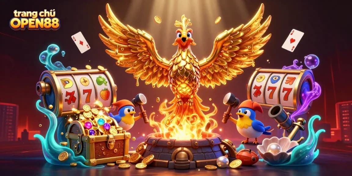 Experience the dynamic energy of the trang chủ OPEN88 casino with a stunning molten gold phoenix illustration.