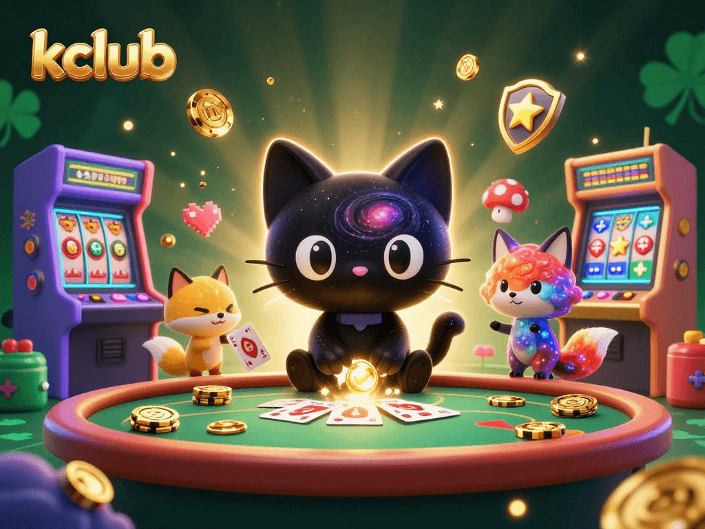 Engaging 3D cosmic casino scene featuring kclub's black hole cat pulling in golden chips, with vibrant arcade machines.