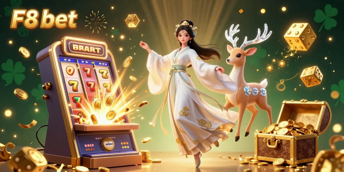 Experience the thrill of F8 bet with a dynamic 3D illustration featuring slots and luck symbols.