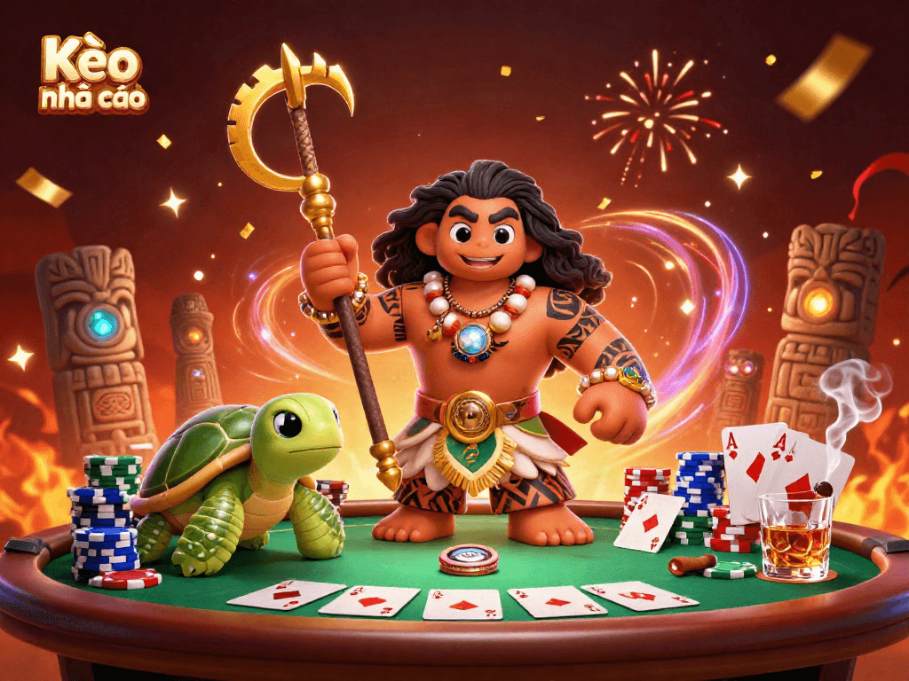 Engage with Kèo nhà cái through a vibrant poker scene featuring a demigod and turtle.