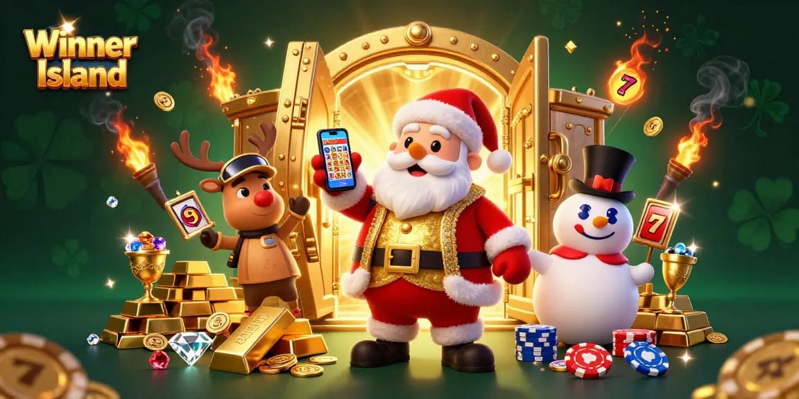 Enjoy winning big at Winner Island with Santa Claus and friends in this dazzling casino scene.