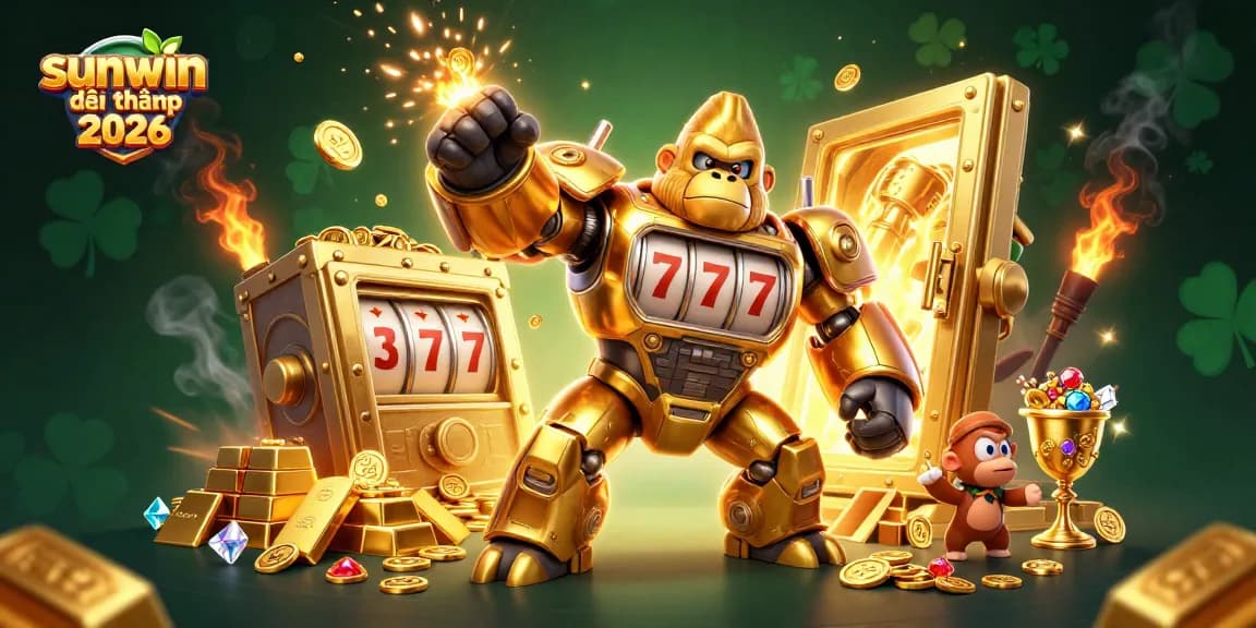 Experience the excitement of sunwin đổi thưởng 2026 with a dynamic 3D illustration of a golden gorilla mech surrounded by casino treasures.