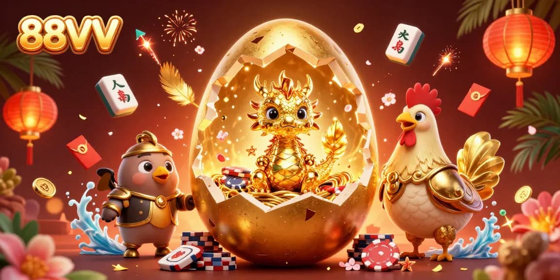 Experience thrilling casino adventures with 88VV’s vibrant 3D illustration of magical elements and poker chips.