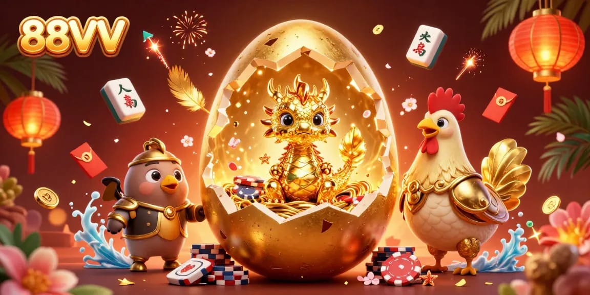 Experience thrilling casino adventures with 88VV’s vibrant 3D illustration of magical elements and poker chips.