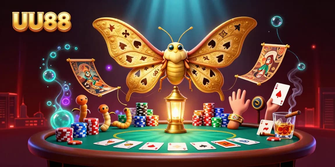 Experience thrilling gameplay with UU88's vibrant casino scene featuring a majestic moth and dynamic poker elements.