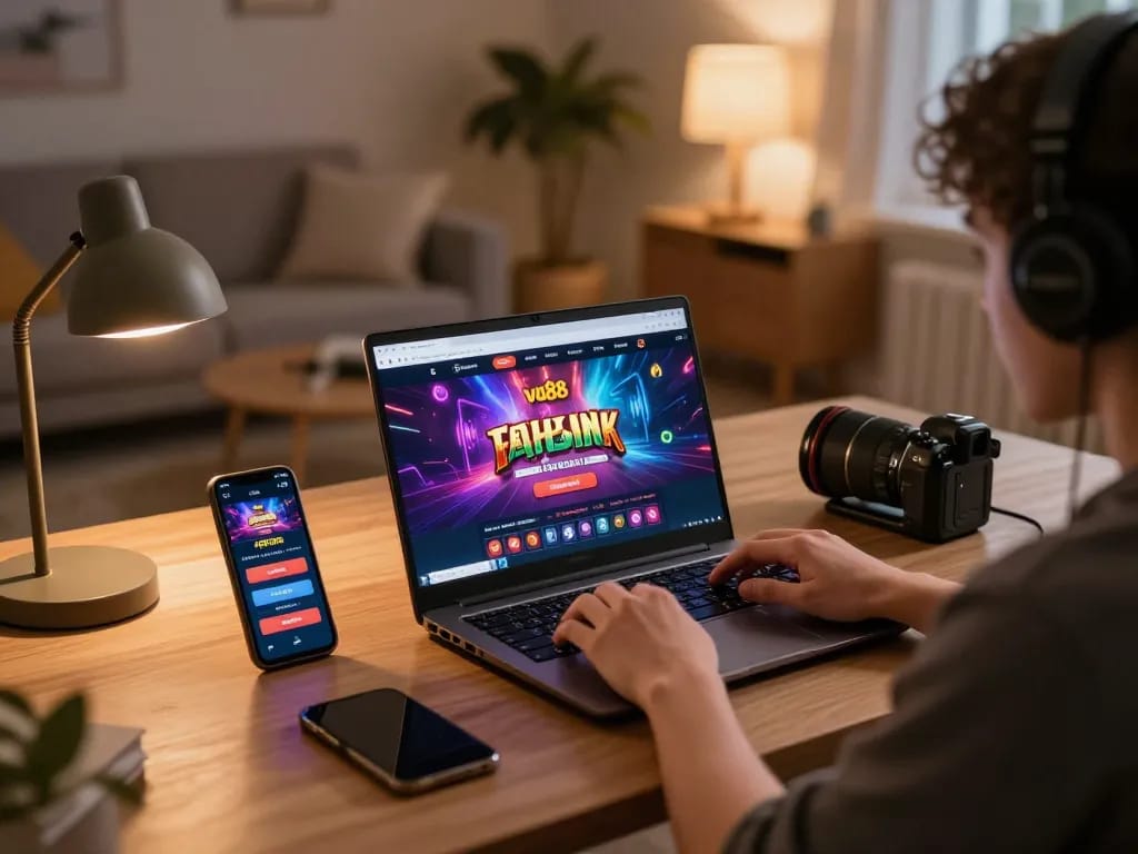 Person engaged in online casino gaming at home on vu88 website with laptop and smartphone.