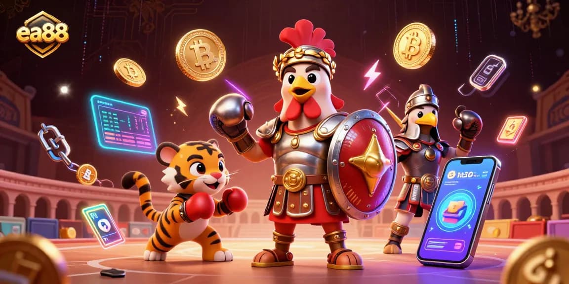 Join the thrilling action at ea88 with a gladiator rooster and crypto elements.