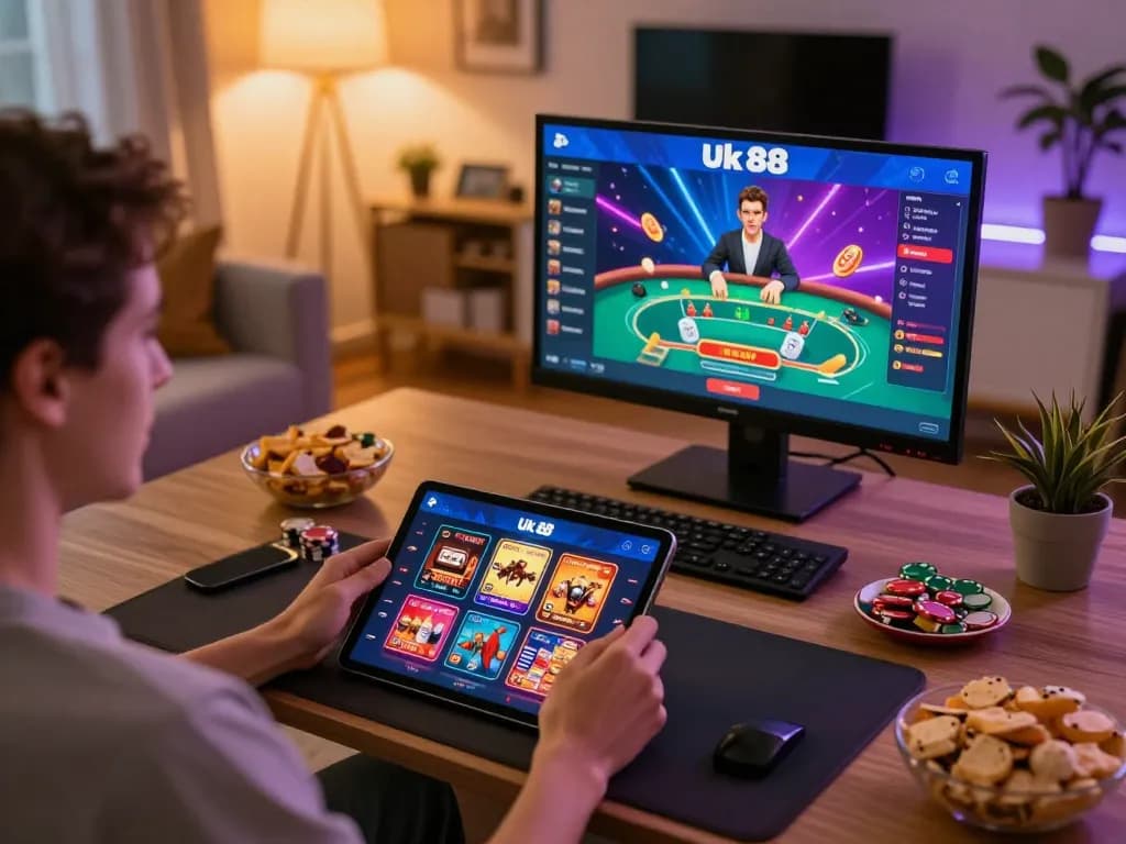Playing games on Uk 88 casino app on tablet in a cozy home setup.