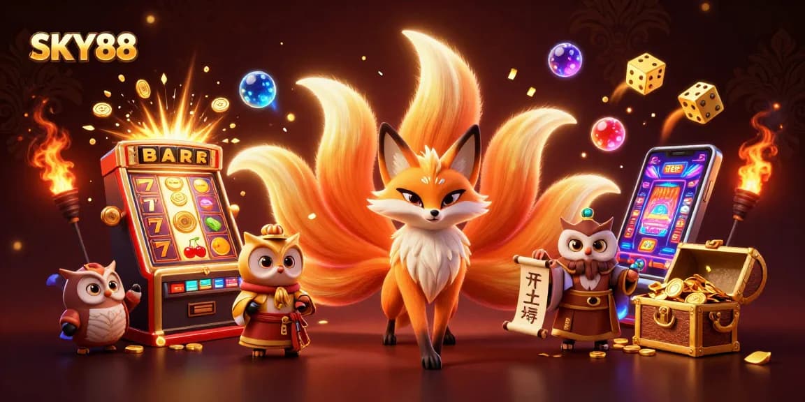Engage with SKY88's vibrant casino world featuring a glowing nine-tailed fox and treasure-filled slot machines.