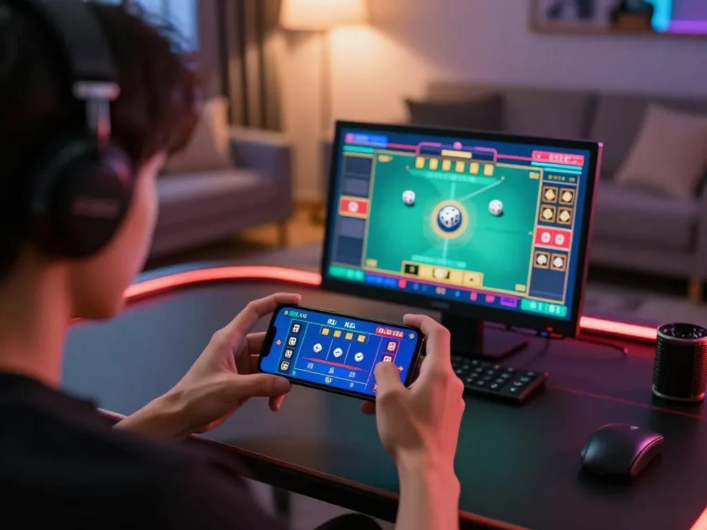 Engaging player enjoying a thrilling experience of tài xỉu online on a smartphone, showcasing mobile betting excitement.
